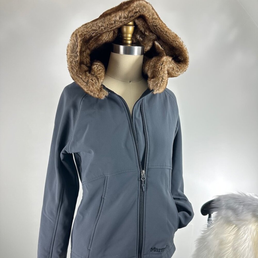 MARMOT Fleece Lined Faux FUR Hooded Gray Jacket Gorpcore  S